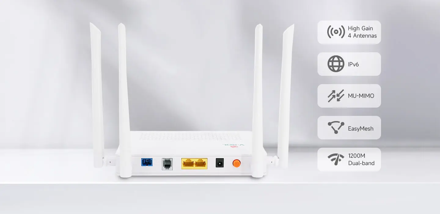 HG323DAC XPON ONU 1200 Mbps Wi-Fi RouterHigh Gain 4 Antennas  |  IPv6 & MU-MIMO  |  EasyMesh  |  1200M Dual-band