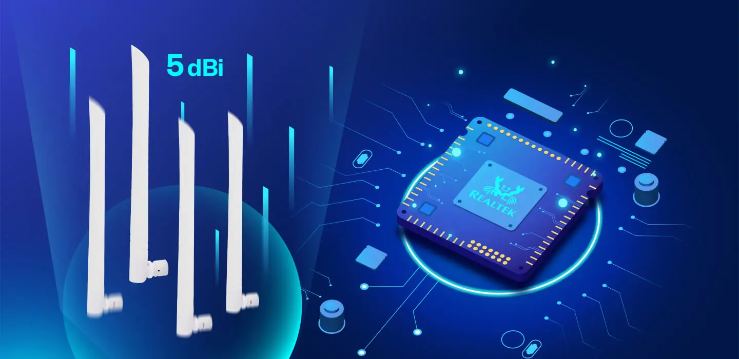 4 antenas de alta ganancia, amplia cobertura de señal
4 antenas de 5dBi de alta ganancia con CPU Realtek de alto rendimiento, señal inalámbrica más potente.